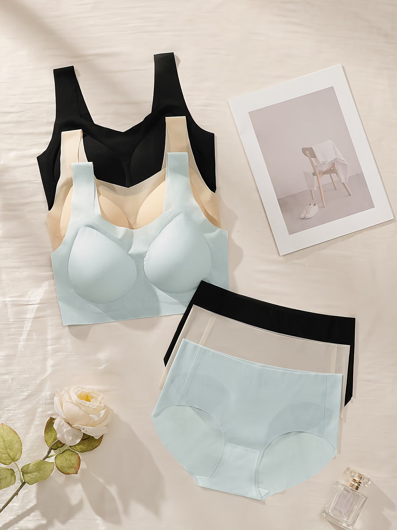Premium Designer Bra & Panty Set with Matching Panty Bra & Panty Set Self Design Black Lingerie Set (Pack of 3)
