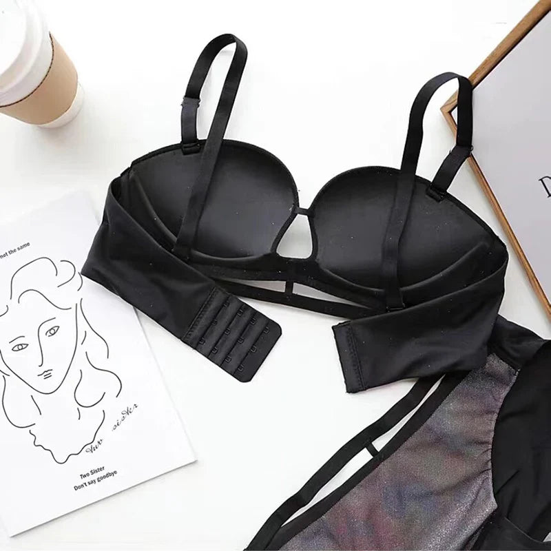 Premium Designer Bra & Panty Set with Matching Panty Bra & Panty Set Self Design Black Lingerie Set (Pack of 3)