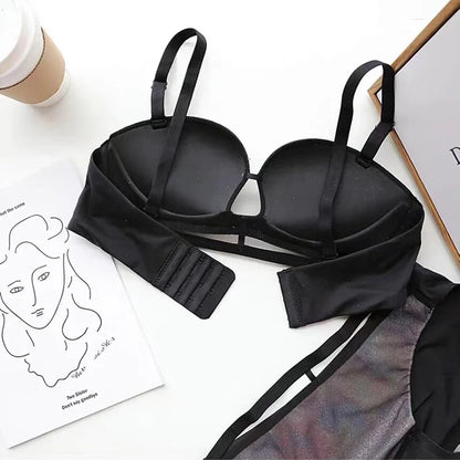 Premium Designer Bra & Panty Set with Matching Panty Bra & Panty Set Self Design Black Lingerie Set (Pack of 3)