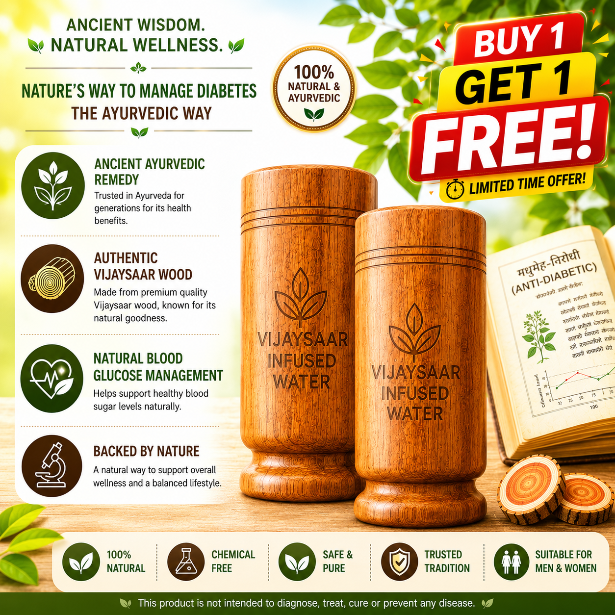 Nutrilifes Ayurvedic Vijayasar Wood Sugar Control Glass | Buy 1 Get 1 Free