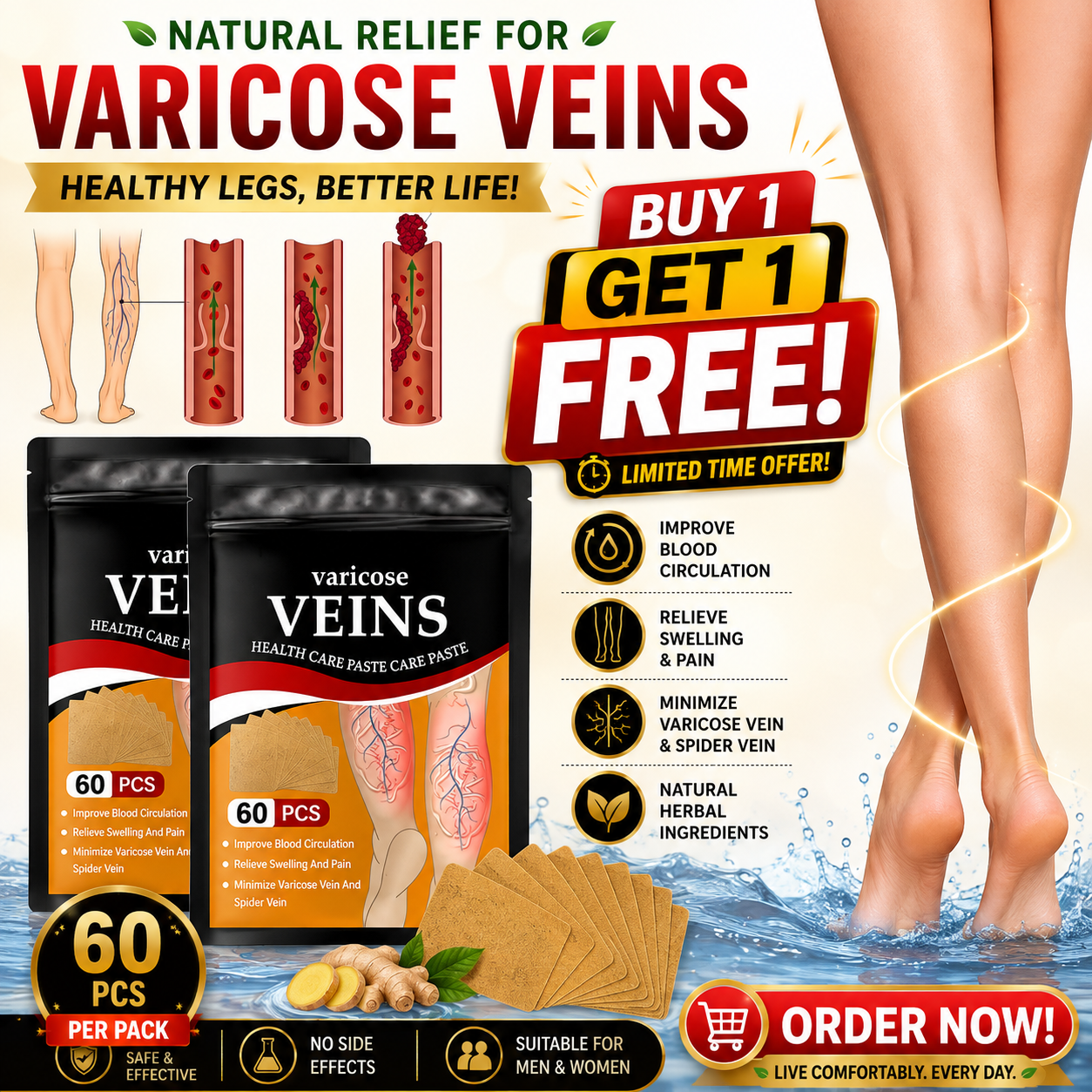 HerbPatch™ Varicose Veins Health Care Paste | Pain Relief & Blood Circulation Support (Pack of 60) Buy 1 Get 1 Free