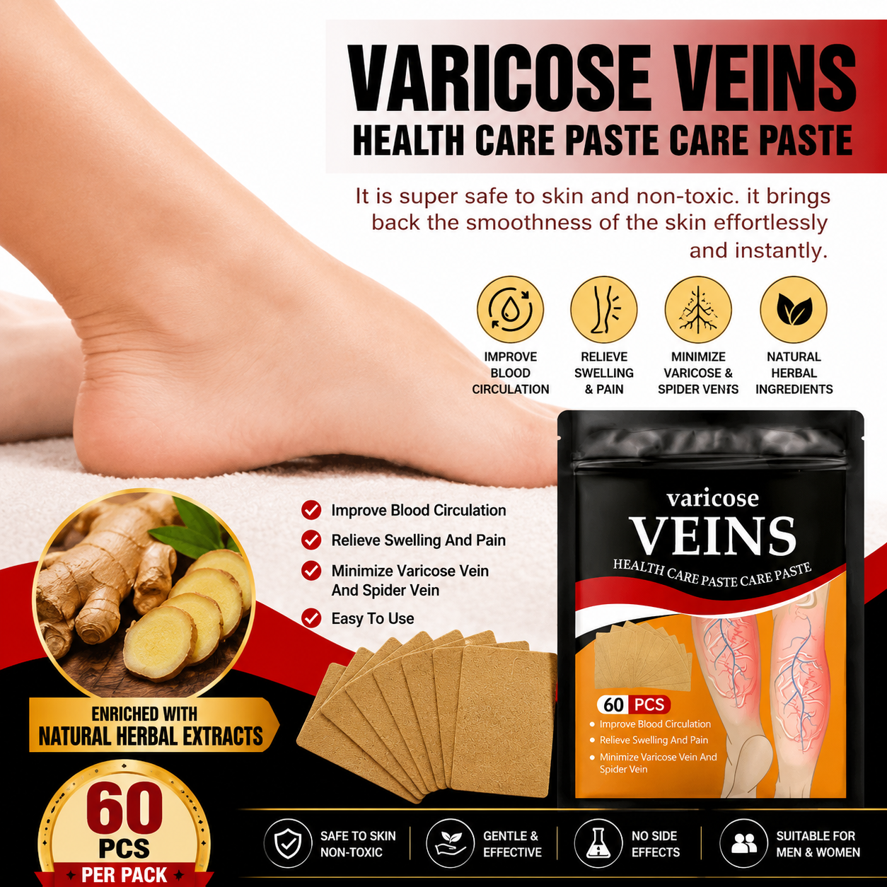 HerbPatch™ Varicose Veins Health Care Paste | Pain Relief & Blood Circulation Support (Pack of 60) Buy 1 Get 1 Free